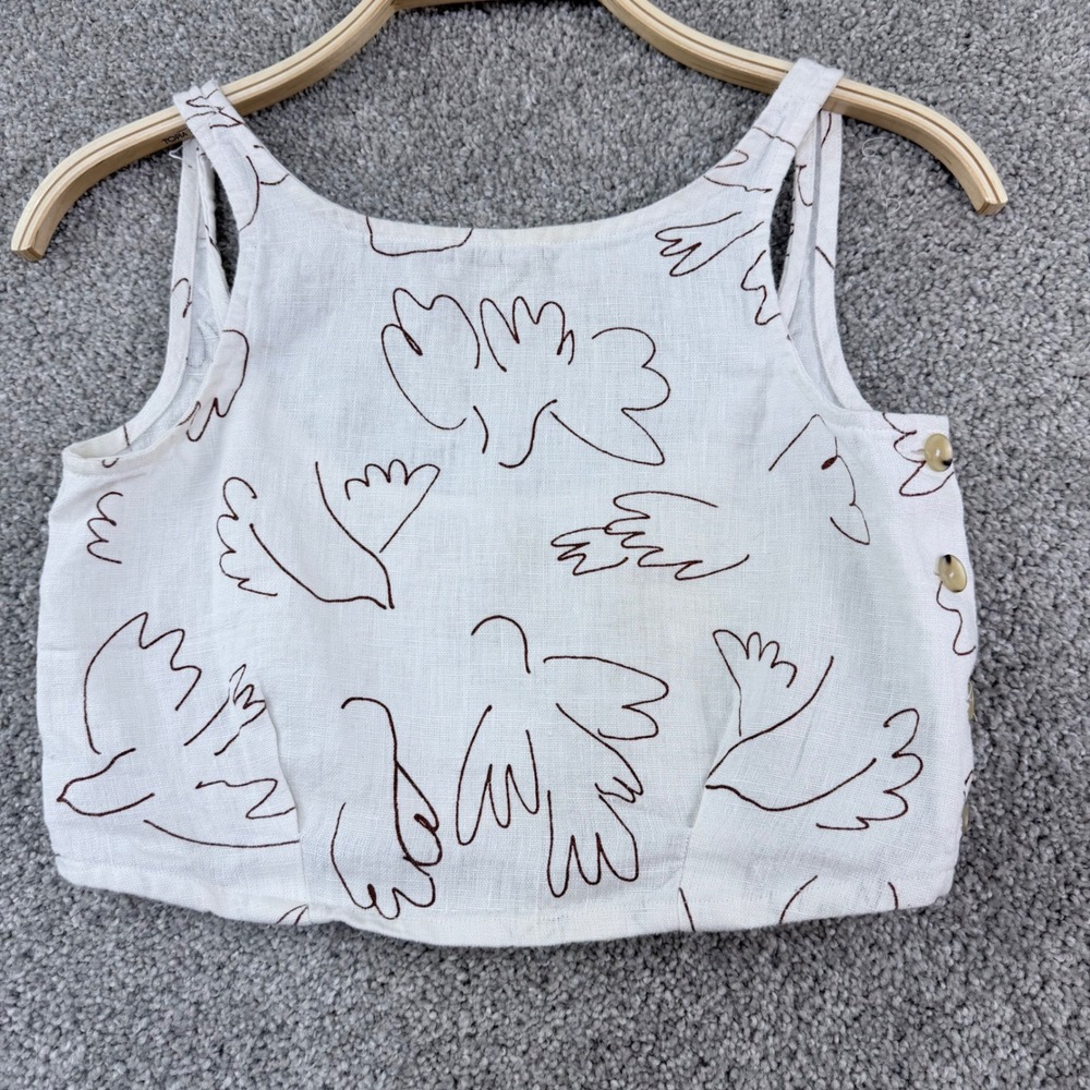 Paloma Wool Linen Tank Top Size 34 White Brown Abstract Floral Art Print Cropped